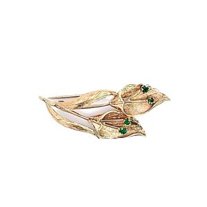 14K Yellow Gold 47.5mm Floral Brooch w/ 4 Emeralds