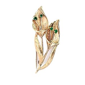 14K Yellow Gold 47.5mm Floral Brooch w/ 4 Emeralds