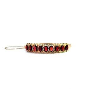 Antique 18K Yellow Gold Bangle w/ 9 Oval Garnet Filigree Accented Gallery