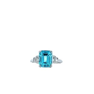 Platinum Ring w/ 3.39CT Emerald Cut Blue Zircon & 4 Baguette Cut Diamonds