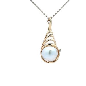 14K Yellow Gold 13mm Dome Pearl Pendant w/ Diamond Accent