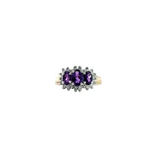 10K Yellow Gold 3 Oval Amethyst & Diamond Accent Halo Ring