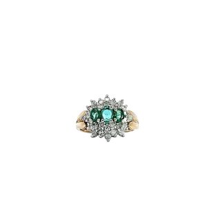 10K Yellow Gold 3 Oval Emerald & Diamond Accent Cluster Style Ring