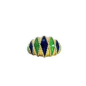 18K Yellow Gold Blue & Green Enamel Dome Style Ring