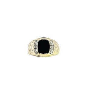 10K Yellow Gold Onyx & 4 Diamond Signet Style Ring