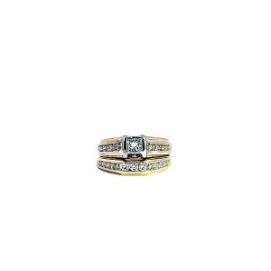 14K Yellow Gold .30CT Princess Cut Diamond Centre Engagement Ring & 13 Diamond Matching Band Wedding Set