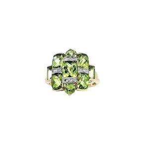 14K Yellow Gold Ring w/ 9 Mixed Cut Peridots & Diamond Accents