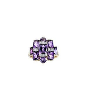 14K Yellow Gold Ring w/ 9 Mixed Cut Amethysts & Diamond Accents