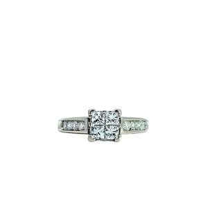 14K White Gold Engagement Ring w/ 4 Illusion Set Princess Cut Diamond Centre & 8 RBC Diamonds