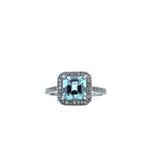 14K White Gold Aquamarine Centre Diamond Accent Halo & Shoulder Ring