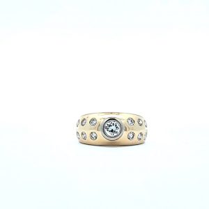 14K Yellow & White Gold Band Style Ring w/ .38CT Bezel Set Diamond Centre & 12 Gypsy Set Diamonds