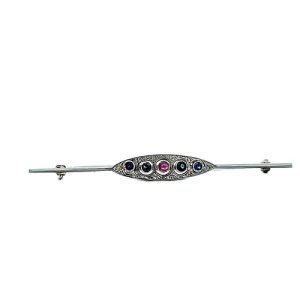 Vintage 18K White Gold 2.75″ Brooch w/Ruby & Sapphires