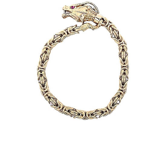10K Yellow Gold 8.25″ Dragon Byzantine Link Bracelet w/ Created Ruby Eyes