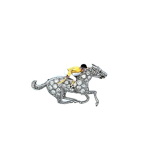 Platinum & 21K Yellow Gold Horse & Enamel Jockey Pin/Brooch w/ Mixed Cut Diamonds