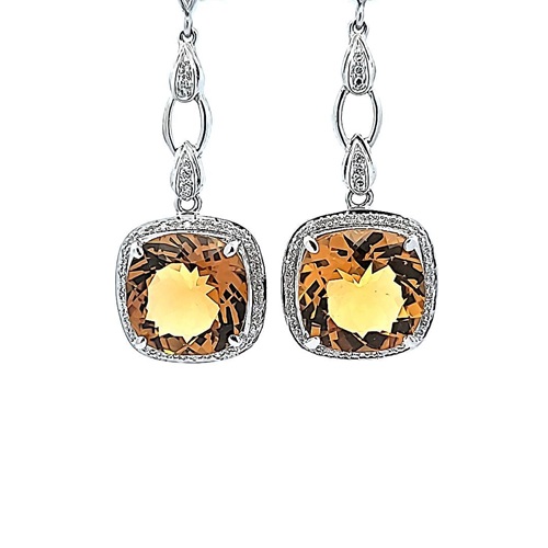 Pair of 10K White Gold Dangle Stud Earrings w/ 12mm Citrine Centre & Diamond Accents