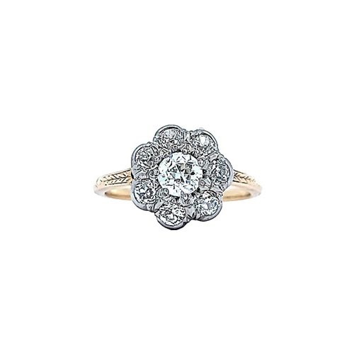 18K Yellow & White Gold Flower & Leaf Style Ring w/ 8 Bead Set O.E.C Diamonds