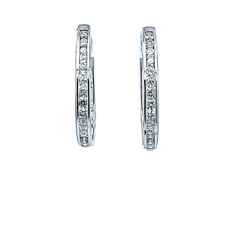 Pair of 14K White Gold Inside/Outside Oval Shaped Hoop Earrings w/ 48 Diamonds 3.00CT TDW