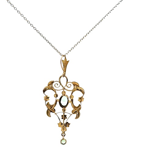 Antique 9K Yellow Gold Art Nouveau Seed Pearl & Peridot Dangle Pendant