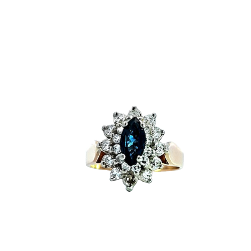 14K Yellow Gold .88CT Marquise Cut Blue Sapphire & 24 Diamond Ring 0.46TDW