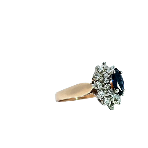 14K Yellow Gold .88CT Marquise Cut Blue Sapphire & 24 Diamond Ring 0.46TDW
