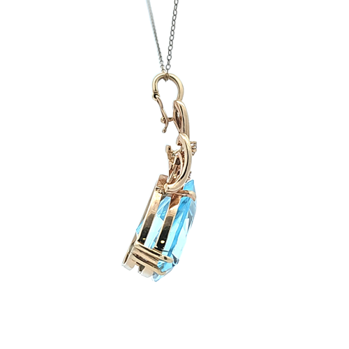 14K Yellow Gold Pendant w/ 32.13CT Triangle Cut Blue Topaz & 8 RBC Diamonds