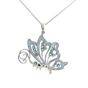 10K Yellow & White Gold 15 Emerald & 2 Diamond Accent Butterfly Pendant