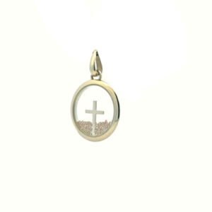 14K Yellow Gold 22mm Circular Cross Pendant w/ Gold Beads in Resin