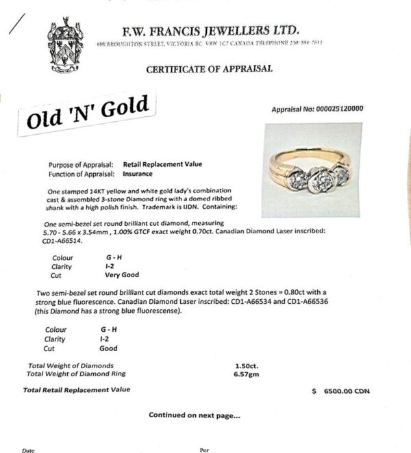 14K Yellow & White Gold 3 Canadian Diamond Ring - Image 6