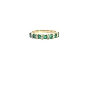 14K Yellow Gold 7 Square Cut Emerald & 12 RBC Diamond Ring