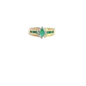 14K Yellow Gold 5x3mm Oval Emerald, Square Cut Emeralds & Diamond Halo Ring