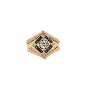 14K Yellow Gold Vintage Style 3 Ring Set w/ .25CT RBC Diamond, 12 Square Cut Sapphires & 4 Diamond Accents