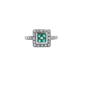 14K White Gold Ring w/ 4 Round Emerald Centre & 24 RBC Diamonds