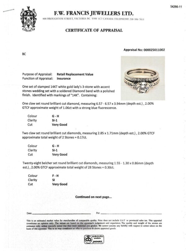14K White Gold 1.06CT RBC Diamond Centre & 30 Diamond Engagement Ring w/ Diamond Band - Image 6