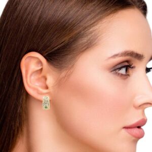 Pair of 14K Yellow Gold J Hook Earrings w/ 2 Emeralds & 4 Diamond Accents