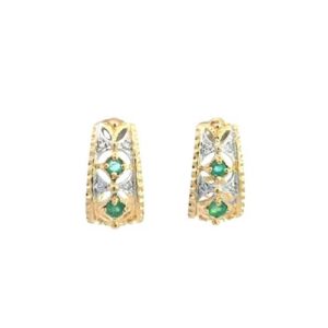 Pair of 14K Yellow Gold J Hook Earrings w/ 2 Emeralds & 4 Diamond Accents