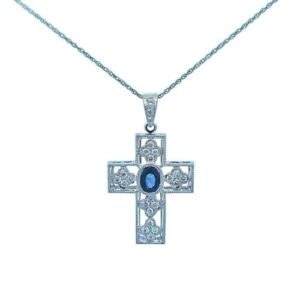 18K White Gold Cross Pendant w/ 5.5mm x 3.5mm Oval Sapphire & 23 RBC Diamonds
