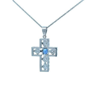 18K White Gold Cross Pendant w/ 5.5mm x 3.5mm Oval Sapphire & 23 RBC Diamonds