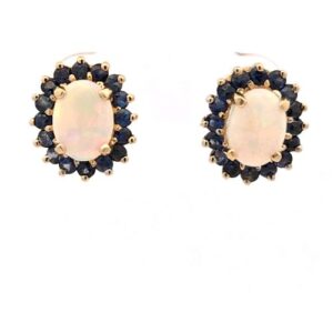 Pair of 14K Yellow Gold Oval Opal & Sapphire Halo Stud Earrings