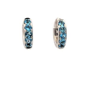 Pair of 18K White Gold Huggie Hoop Earrings w/ 5 Round Blue Topaz