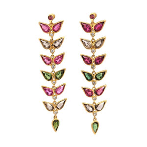 Pair of 18K Yellow Gold Floral Dangle Style Earrings w/ Pink, Green & Grey Pear Cut Tourmalines