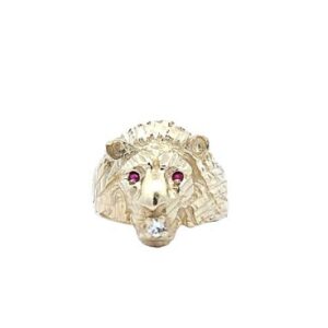 10K Yellow Gold Lion Head Ring w/ Ruby Eyes & CZ Signet Ring
