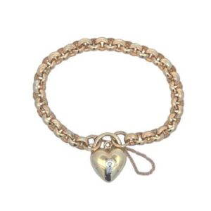 10K Yellow Gold 7.5″ Rolo Link Bracelet w/ 3 Diamond Heart Clasp