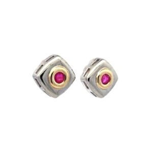 Pair of 14K White & Yellow Gold Square Stud Earrings w/ Ruby Centre