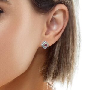 Pair of 14K White & Yellow Gold Square Stud Earrings w/ Ruby Centre