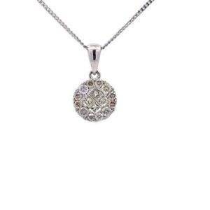 10K White Gold Necklace w/ Circular Pendant 12 RBC Diamonds & 4 Princess Cut Diamonds