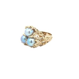 14K Yellow Gold 3 Akoya Pearl Brutalist Style Ring