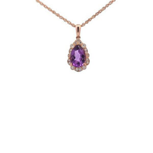 14K Rose Gold Necklace w/ Pear Cut Amethyst & 19 RBC Diamond Accent Pendant