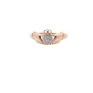 10K Yellow Gold Pave Set Diamond Heart Claddaugh Ring