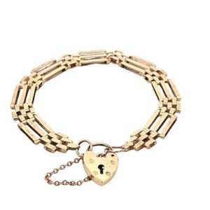 9K Yellow Gold 8″ Gate Link Bracelet w/ Heart Lock Clasp & Safety Chain