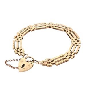 9K Yellow Gold 8″ Gate Link Bracelet w/ Heart Lock Clasp & Safety Chain